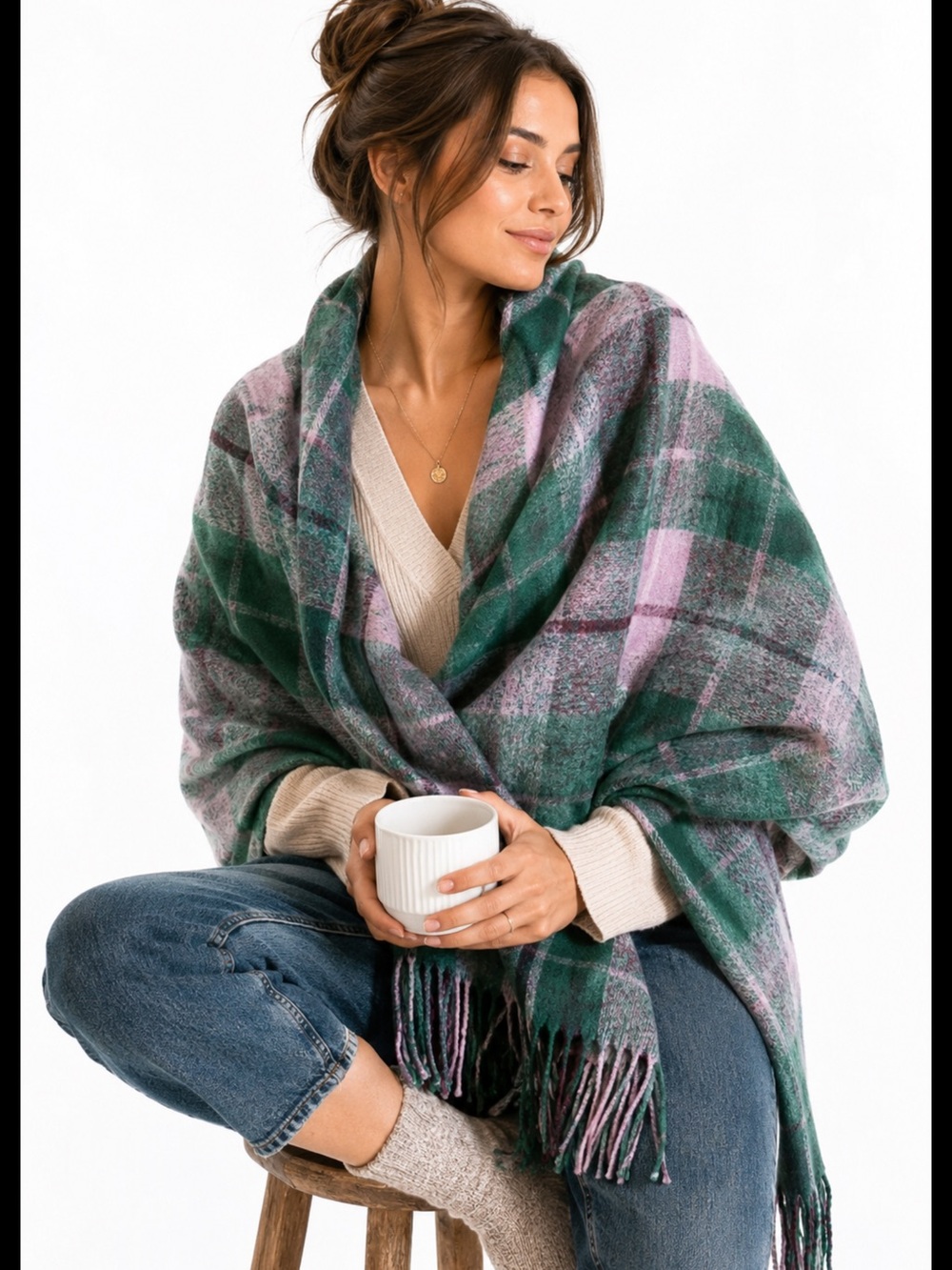 Roots Green and Gray Plaid Blanket Scarf